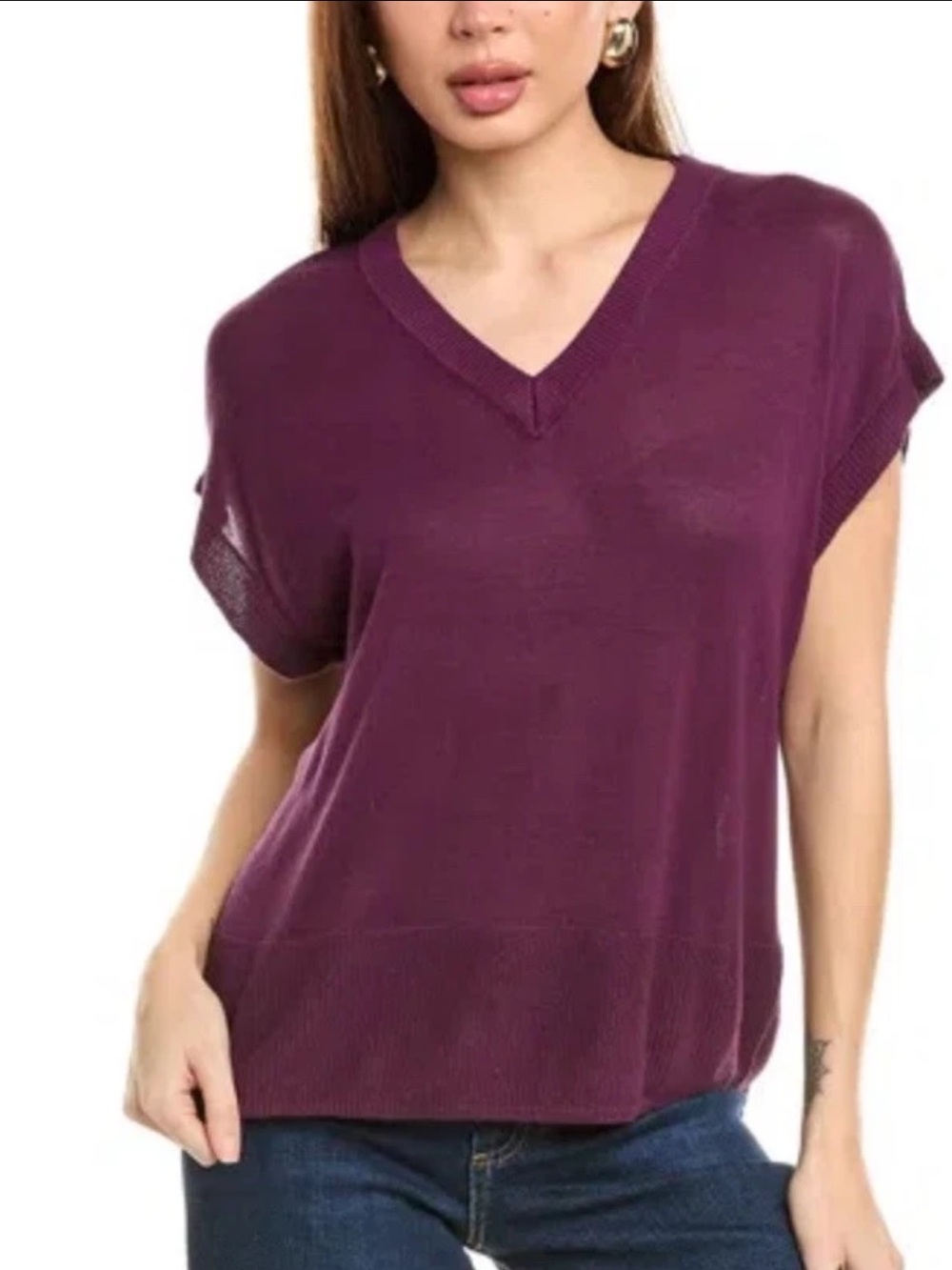 NWT Vince Camuto New Romantic Knit Top LRGE Winter Bloom Purple V Neck Short Slv